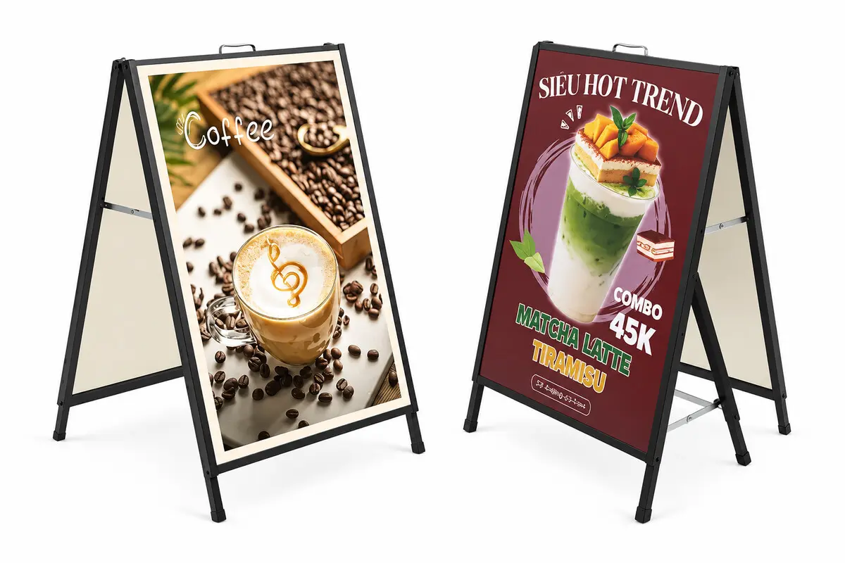 Hai standee chữ A in menu cà phê và đồ uống
