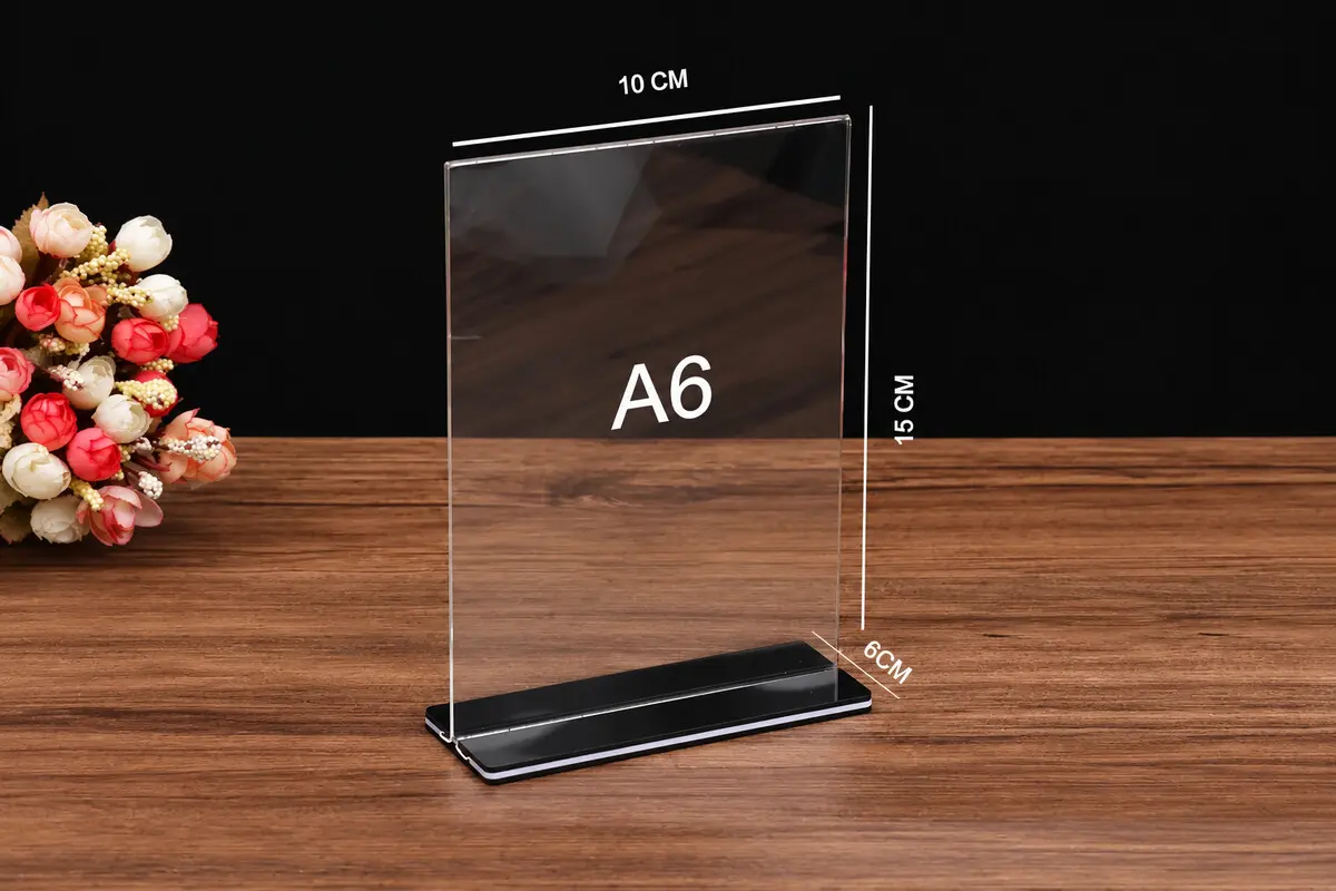 Standee mica cỡ nhỏ A6 đế đen