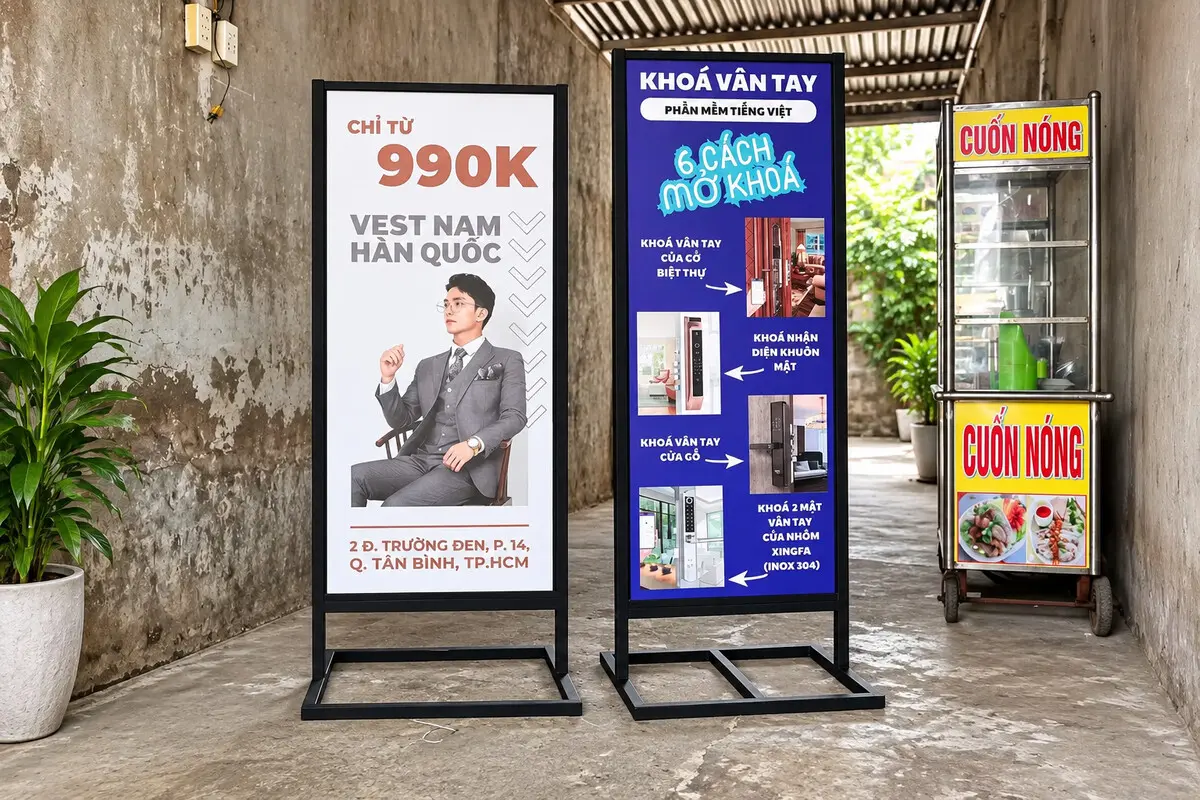 Standee quảng cáo thời trang và dịch vụ khóa cửa