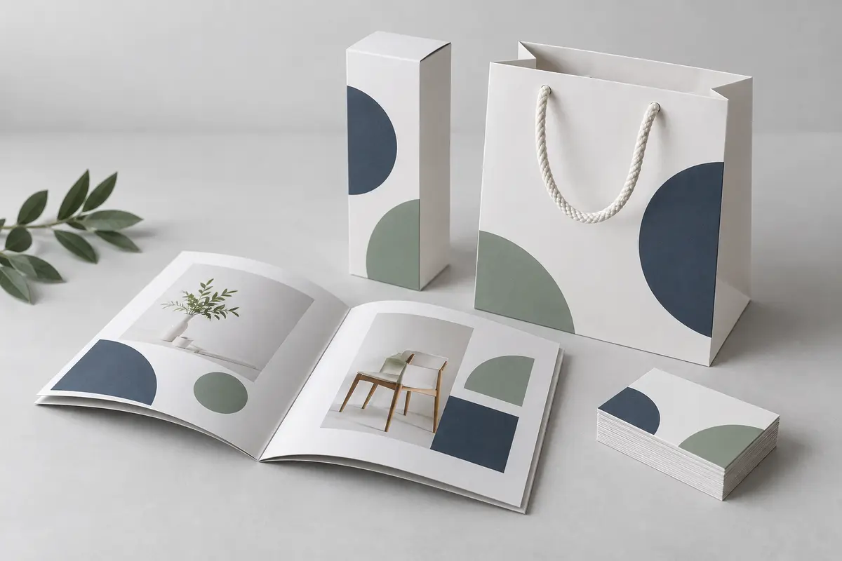 Bộ ứng dụng giấy bristol gồm catalogue, hộp, túi giấy và danh thiếp