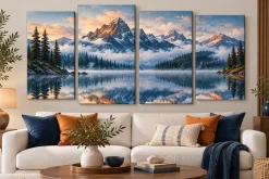 Bộ bốn tranh Canvas phong cảnh núi hồ treo trên sofa.