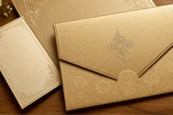 Bộ thiệp và bao thư màu vàng ánh kim có hoa văn nổi.
