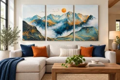 Bộ ba tranh Canvas phong cảnh núi nghệ thuật trong phòng khách.