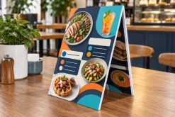 Menu Formex gấp chữ A in hình món ăn và đồ uống đặt trên bàn