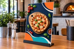 Menu Formex khổ A4 in hình pizza đặt trong chân đế trên bàn