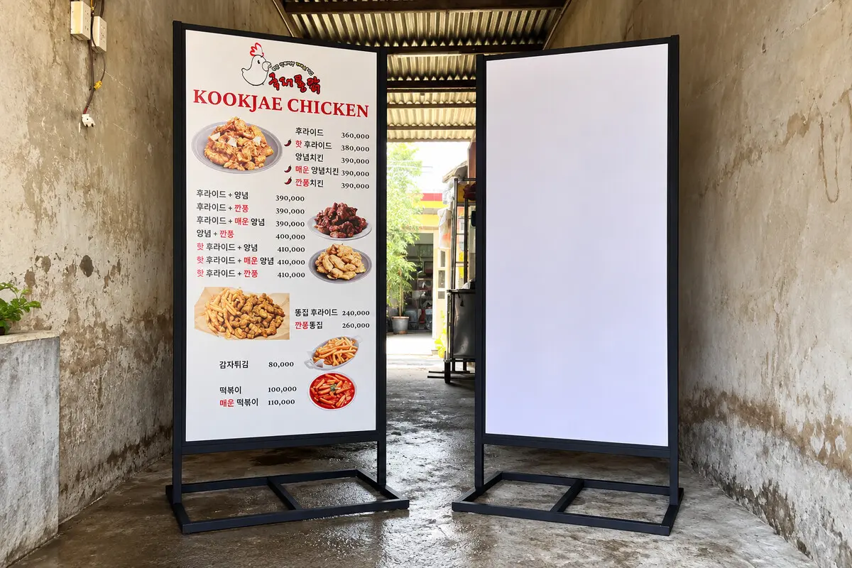 Standee menu đặt cạnh standee mặt bảng trắng chưa in
