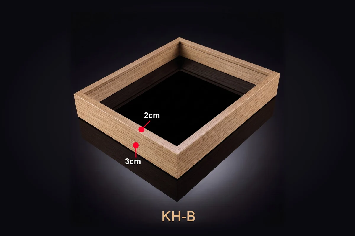 Khung tranh gỗ sáng mã KH-B với thông số mặt cắt minh họa.