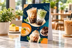 Menu Formex để bàn in hình trà sữa và món tráng miệng