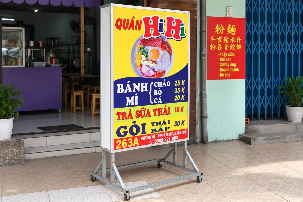 Standee hộp đèn với chân đế có bánh xe