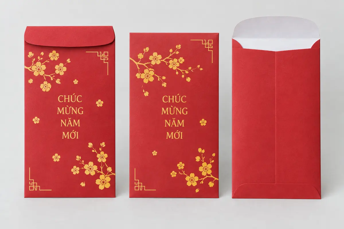 Bao lì xì giấy fort in đỏ và vàng, một bao mở nắp