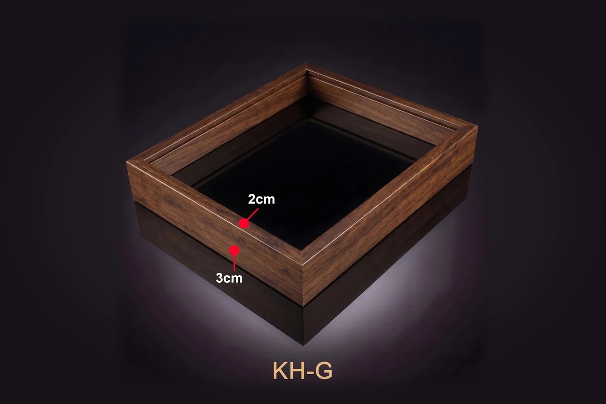 Khung tranh gỗ nâu mã KH-G với thông số mặt cắt minh họa.