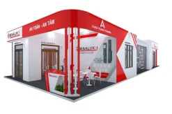 Phối cảnh ba chiều gian hàng đỏ trắng trưng bày cửa, có bảng hiệu và bàn tiếp khách.