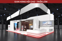 Phối cảnh gian hàng mở màu trắng đen, viền đỏ và bảng hiệu lớn phía trên.