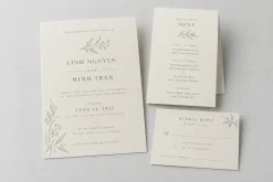 Bộ thiệp và menu giấy ford kem với họa tiết thực vật