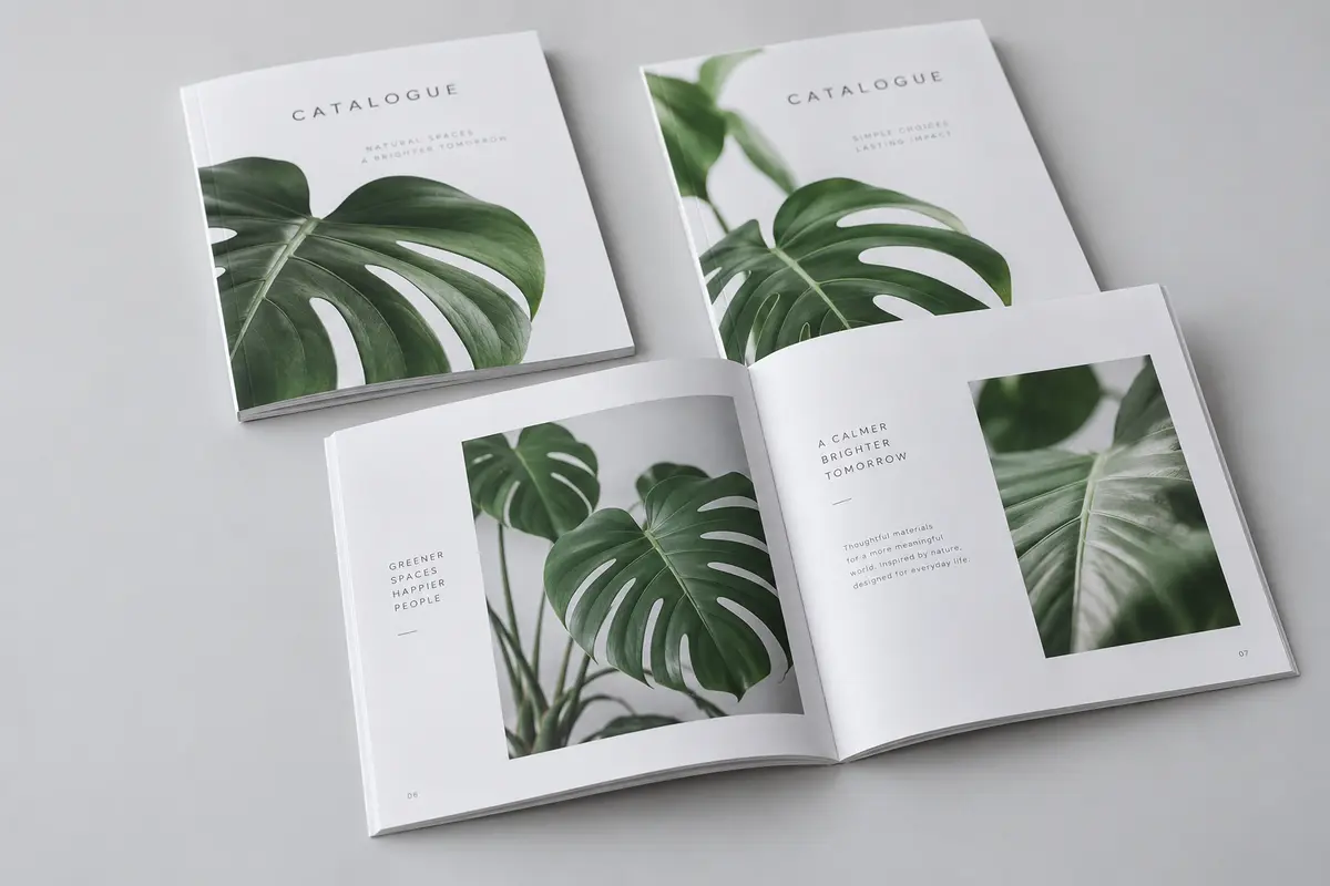 Catalogue giấy fort với bìa in lá xanh và trang ruột mờ