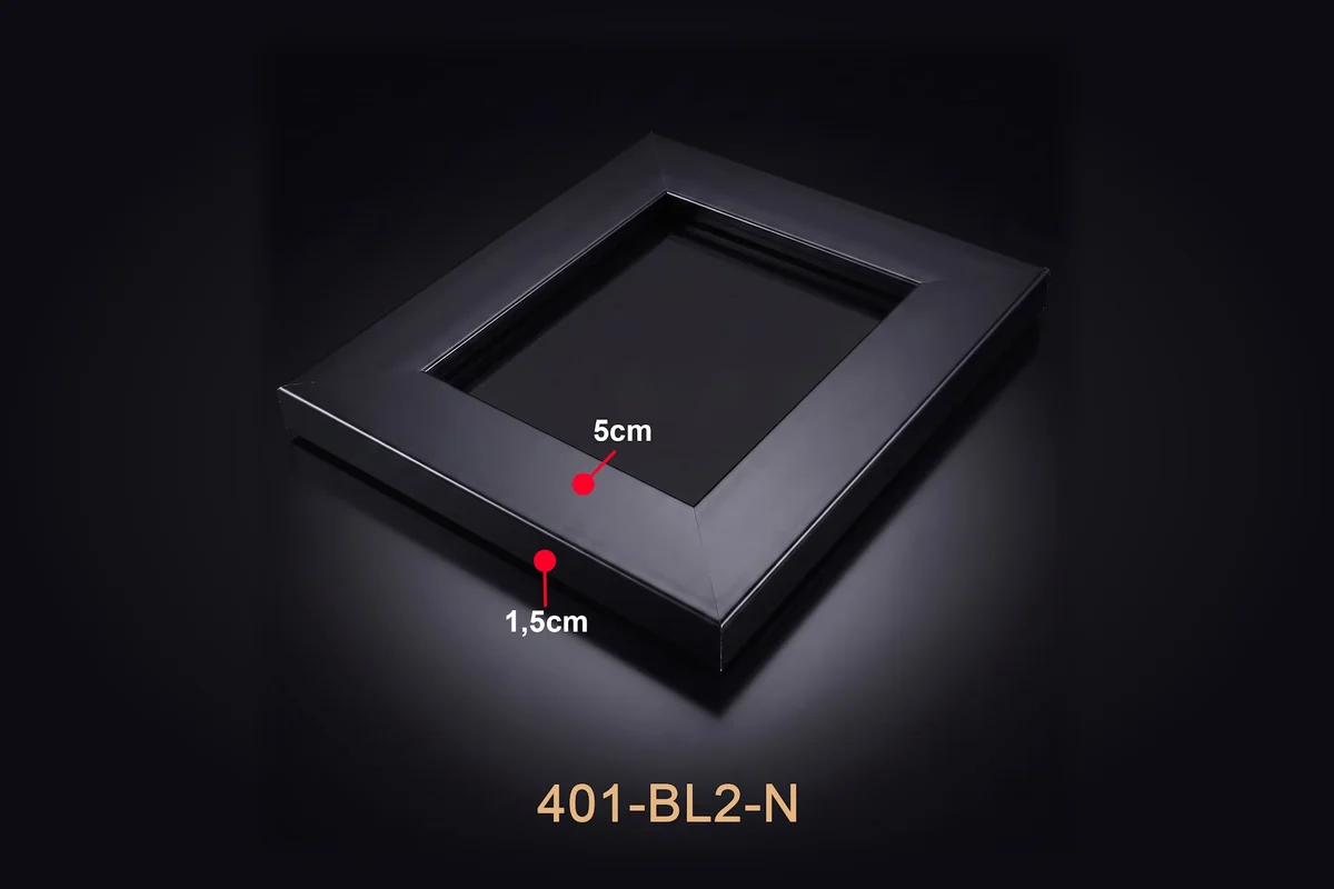 Khung tranh đen bản rộng mã 401-BL2-N với thông số mặt cắt minh họa.
