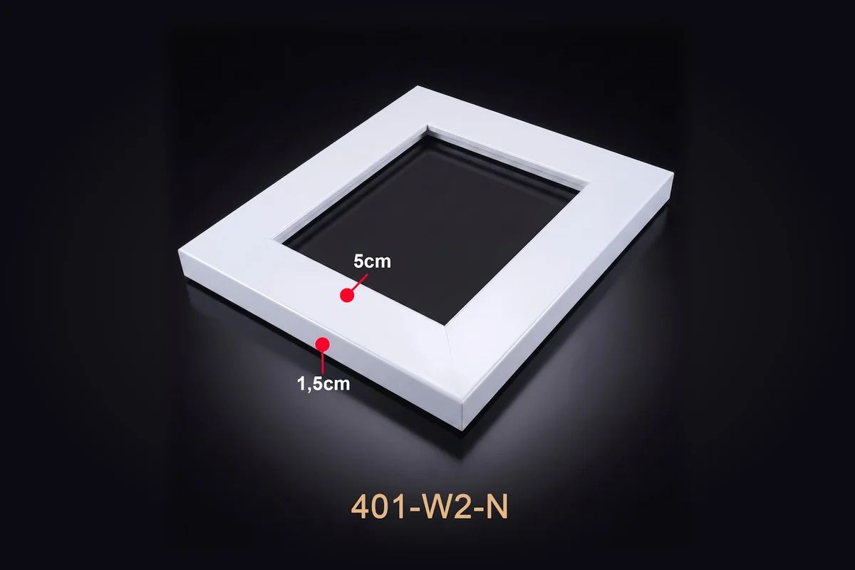 Khung tranh trắng bản rộng mã 401-W2-N với thông số mặt cắt minh họa.