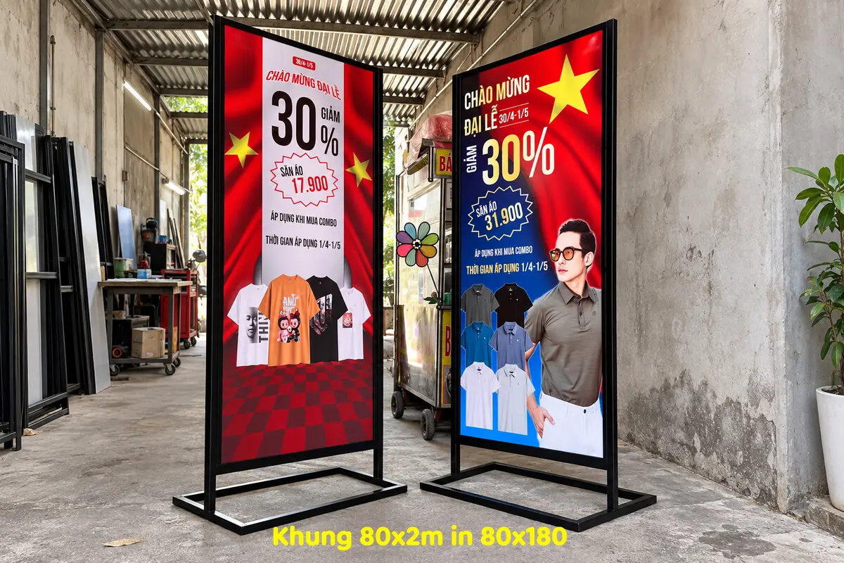 Standee chương trình ưu đãi kèm chú thích kích thước khung và mặt in