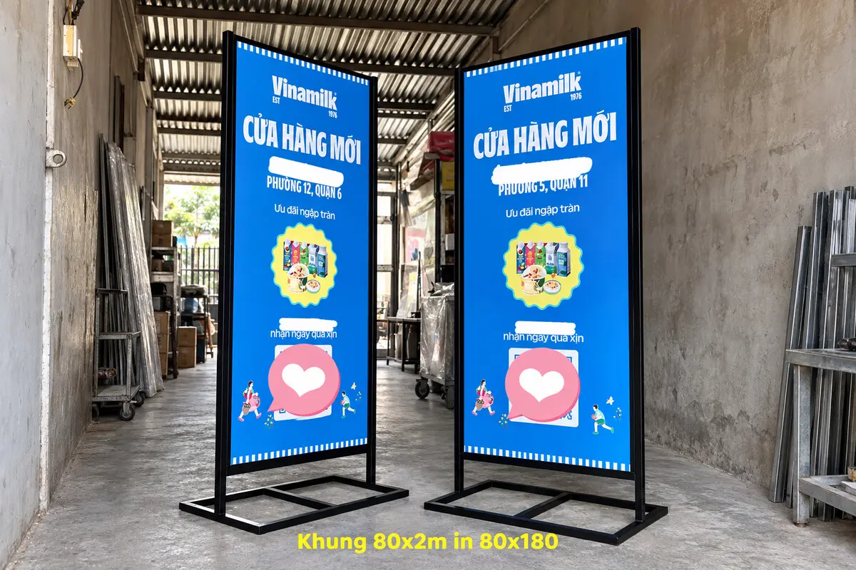 Standee khai trương kèm chú thích kích thước khung và mặt in