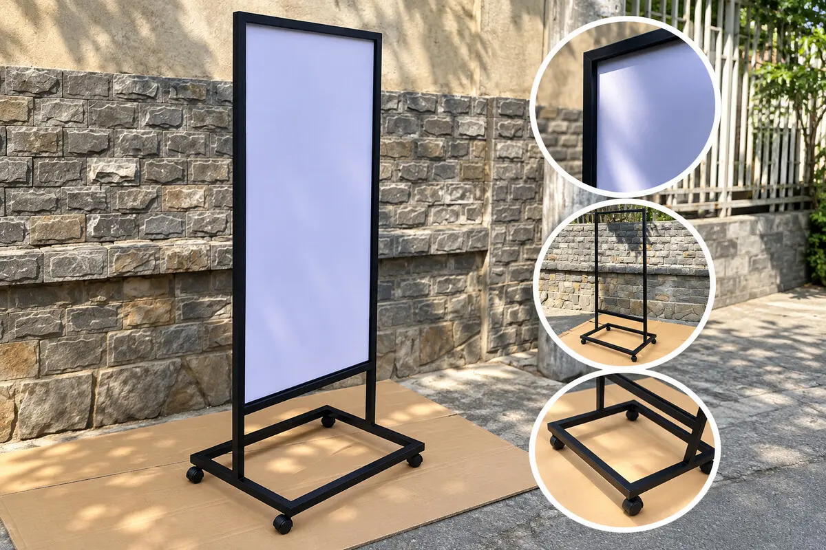 Chi tiết khung sắt và bánh xe của standee