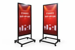 Hai standee chân sắt có bánh xe đặt cạnh nhau