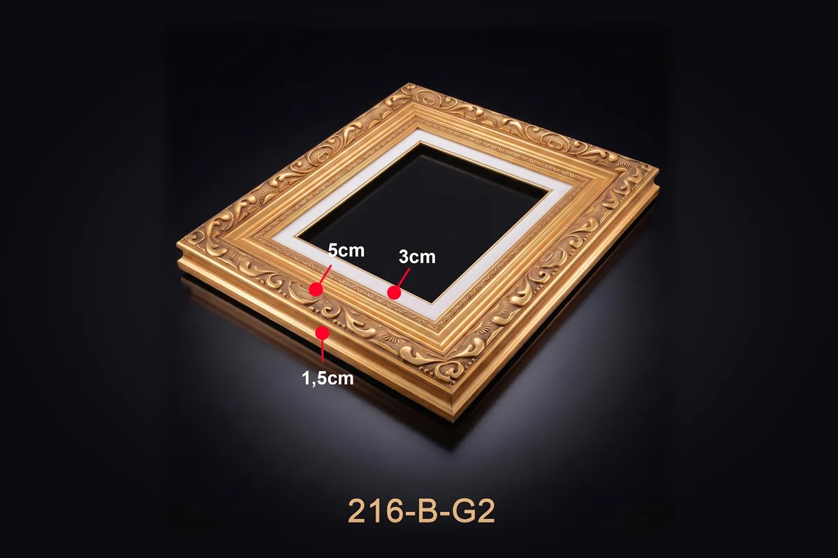 Khung tranh cổ điển viền kép mã 216-B-G2 với thông số mặt cắt minh họa.