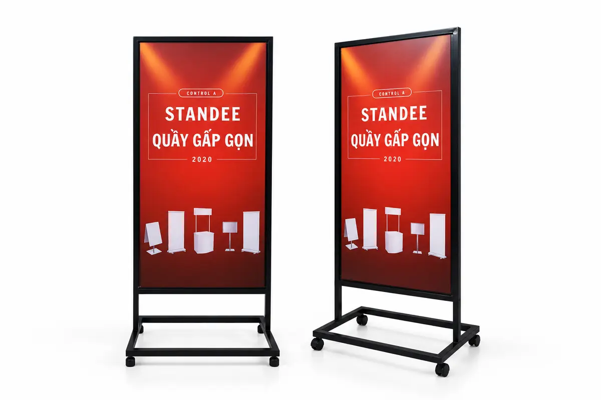 So sánh hai kiểu chân đế standee sắt: cố định và có bánh xe