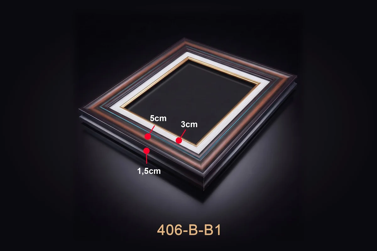Khung tranh đen nâu viền trắng mã 406-B-B1 với thông số mặt cắt minh họa.