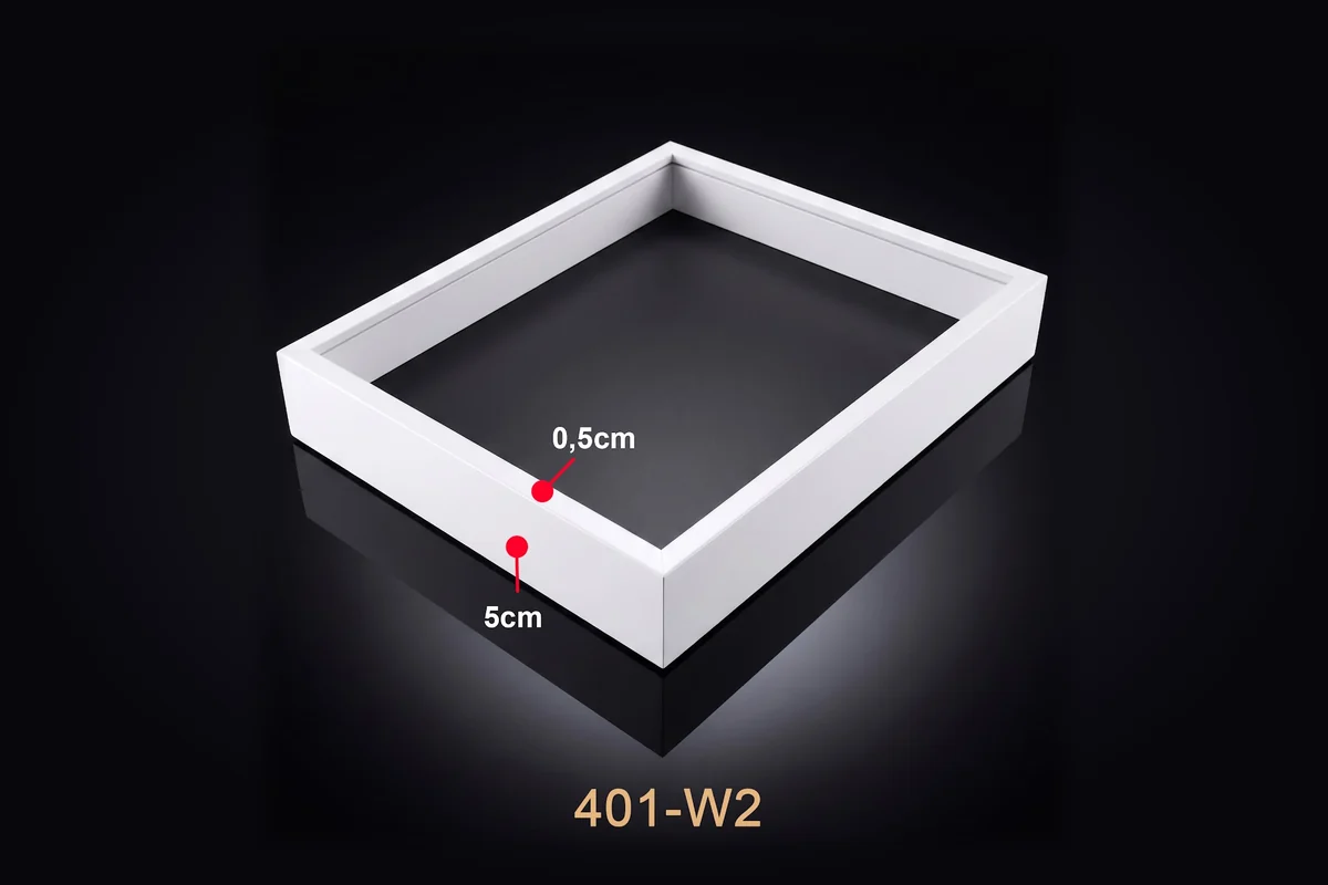 Khung tranh trắng bản rộng mã 401-W2 với thông số mặt cắt minh họa.