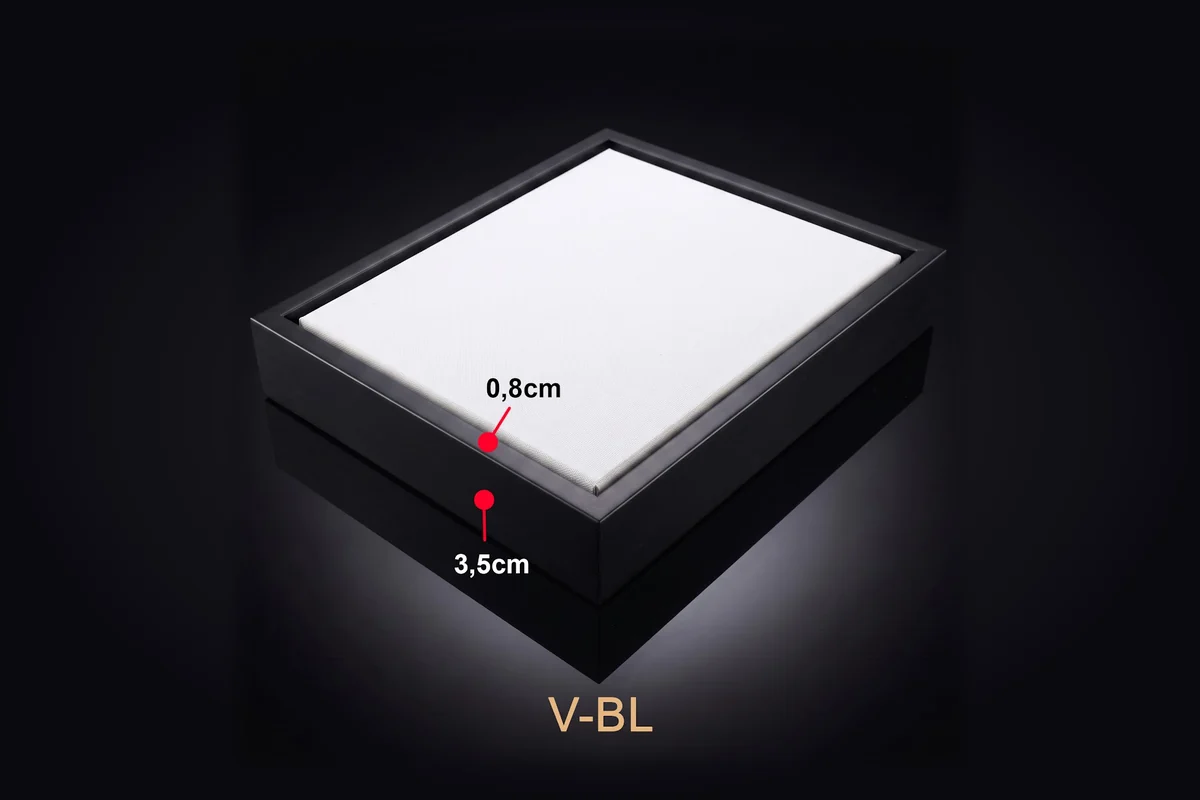 Khung tranh nổi màu đen mã V-BL với thông số mặt cắt minh họa.