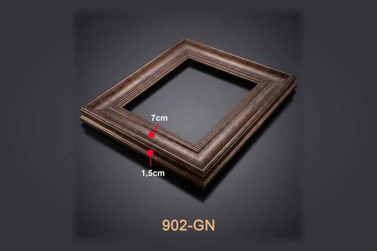 Khung tranh gỗ nâu mã 902-GN với thông số mặt cắt minh họa.