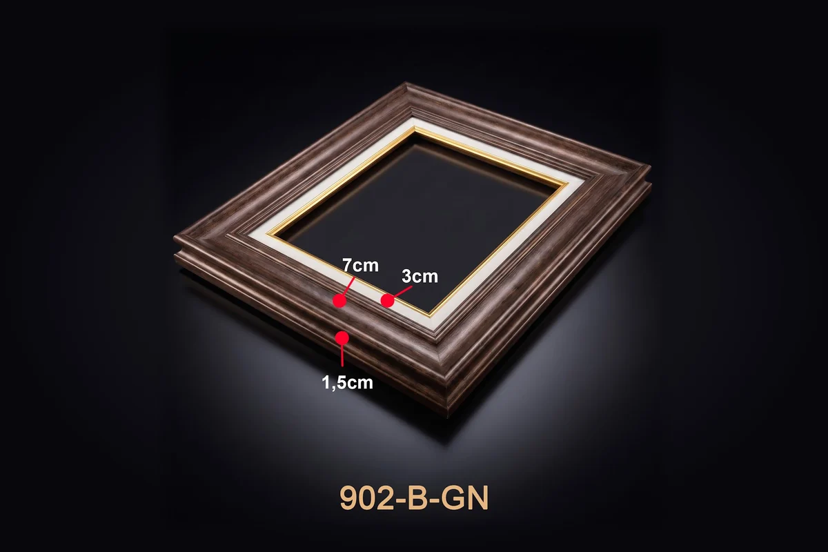 Khung tranh gỗ viền trắng mã 902-B-GN với thông số mặt cắt minh họa.