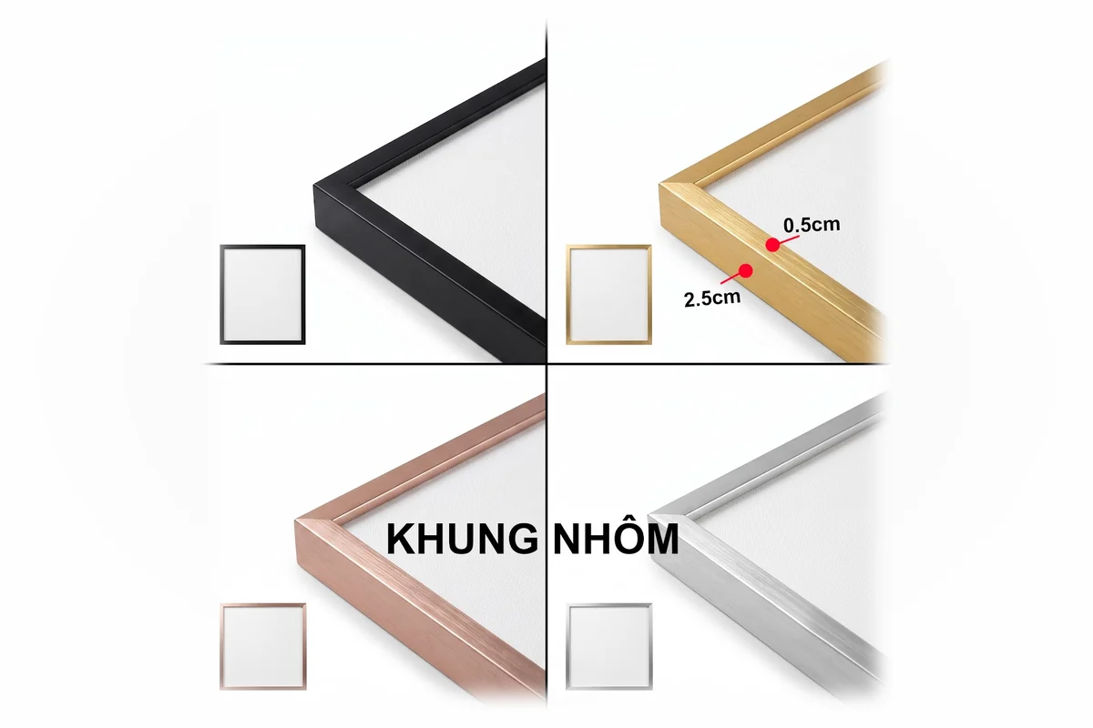 Bảng màu khung tranh nhôm đen, vàng, hồng và bạc.