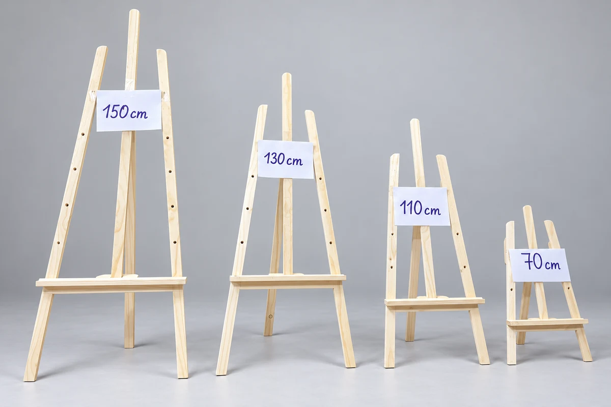 Bốn chân trưng bày ảnh bằng gỗ tự nhiên với nhãn kích thước 150, 130, 110 và 70 cm.