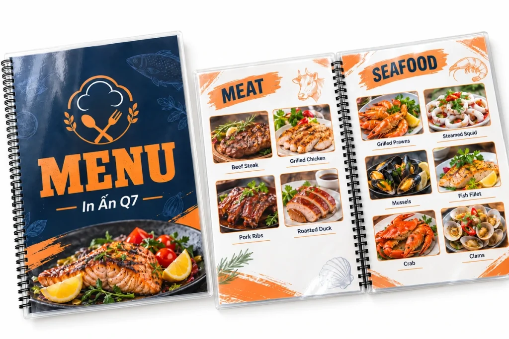 Menu đóng lò xo màu navy và cam, gồm cuốn đóng và cuốn mở, thể hiện mép ép nhựa trong.