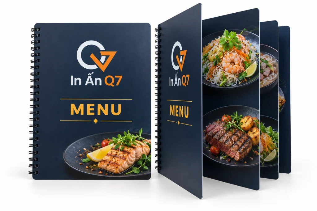 Menu nhựa PVC đóng lò xo màu navy và cam In Quảng Cáo Q7, gồm cuốn đóng và cuốn mở trên nền trắng.