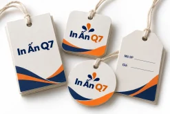 Các mẫu thẻ treo giấy In Quảng Cáo Q7 màu navy và cam, có lỗ và dây treo trên nền trắng.