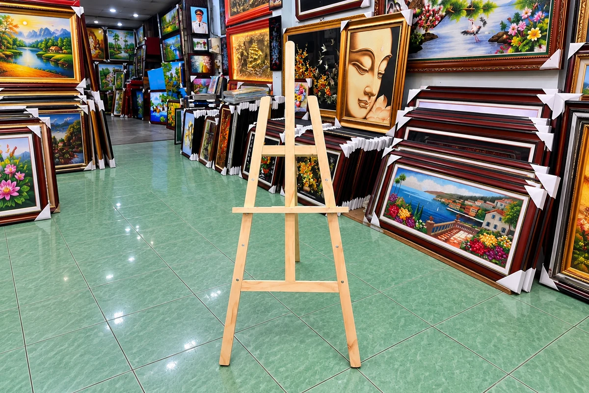 Chân gỗ trưng bày ảnh dạng mở có thanh đỡ ngang và các lỗ điều chỉnh.