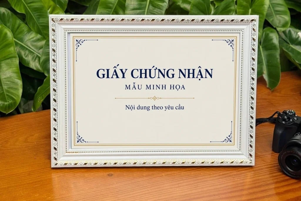 Khung giấy chứng nhận màu trắng với viền hoa văn ánh vàng và giấy mẫu minh họa.