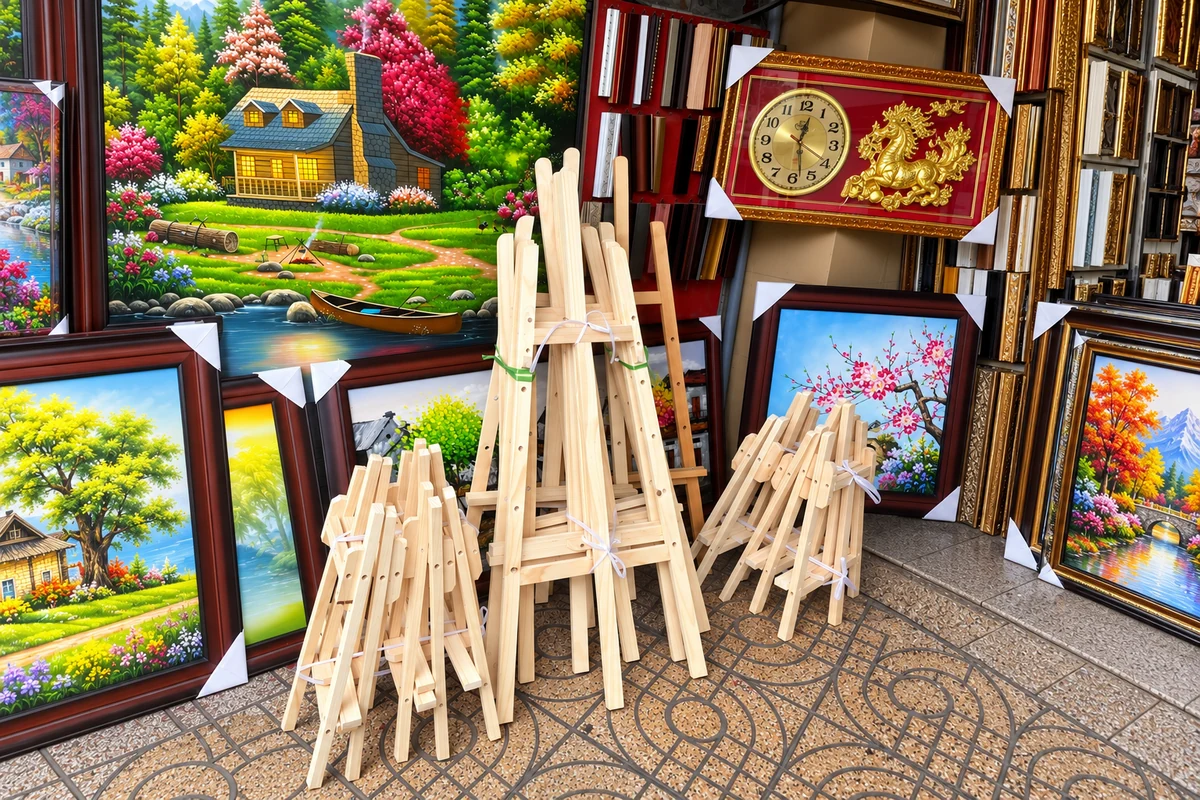 Các chân gỗ trưng bày ảnh được gấp lại và buộc theo nhóm.