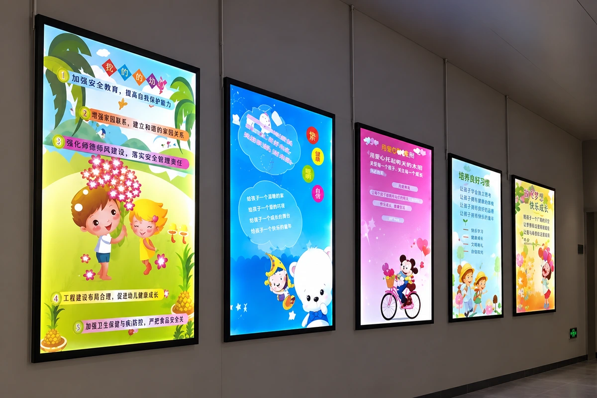 Năm khung tranh đèn LED dọc phát sáng treo liên tiếp trên tường tối.