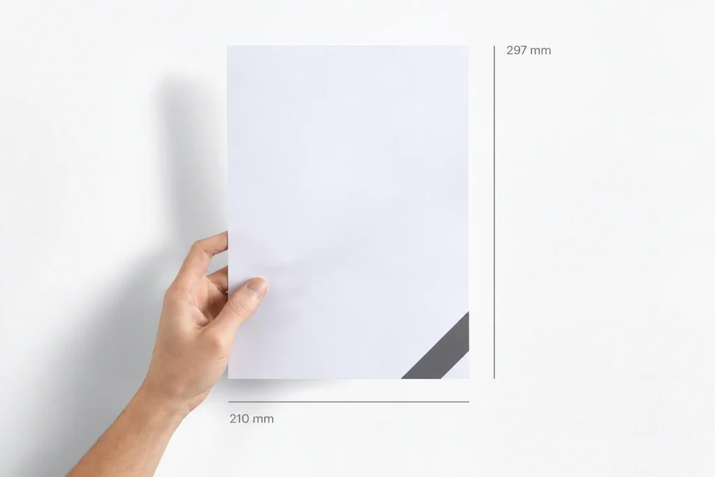 Mẫu giấy tiêu đề A4 cầm trên tay, có đường đo chiều ngang 210 mm và chiều cao 297 mm.