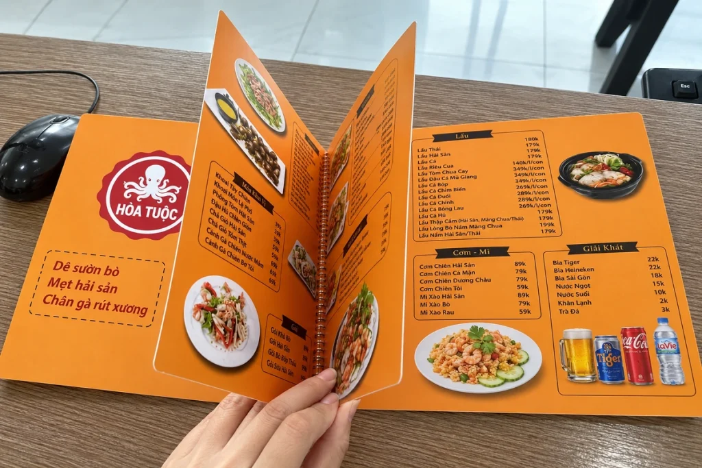 Cận cảnh menu nhựa màu cam mở nhiều trang, đóng lò xo ở gáy.