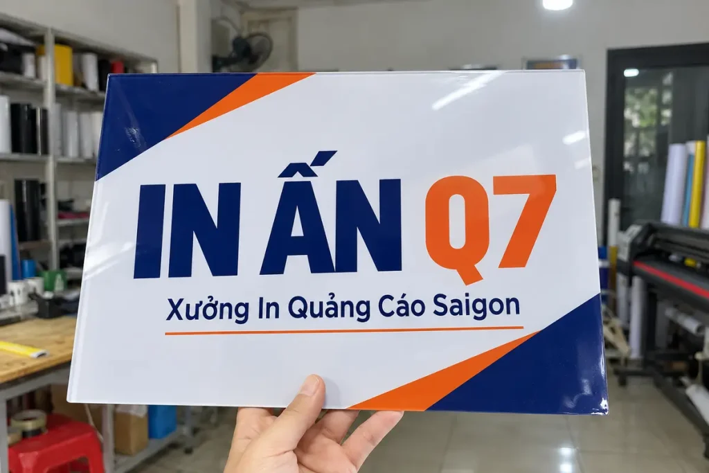 Bảng mica in màu với các mảng đồ họa xanh navy và cam
