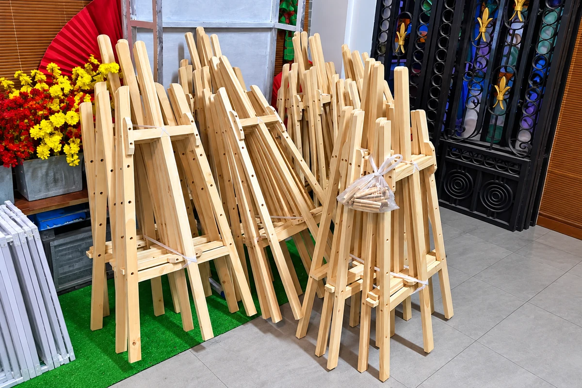 Nhiều chân gỗ trưng bày ảnh gấp gọn, lỗ điều chỉnh và túi chốt gỗ.