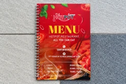 Bìa menu nhà hàng lẩu màu đỏ, đóng gáy lò xo trắng.