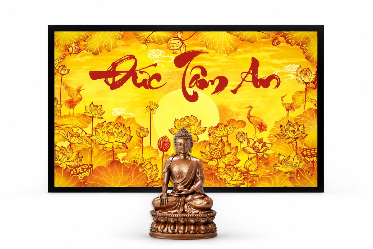 Khung tranh điện hoa sen vàng có chữ Đức Tâm An, phía trước đặt tượng Phật màu đồng.