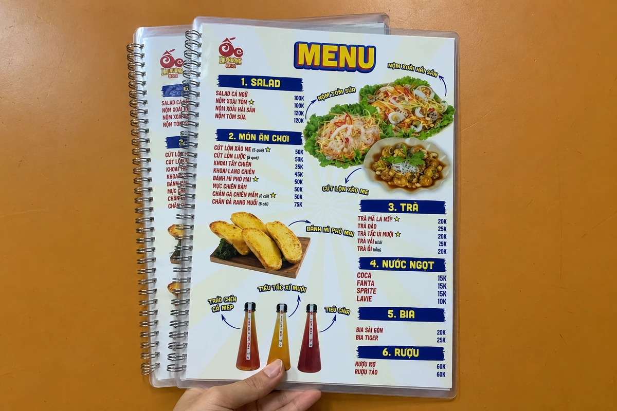 Tờ thực đơn món ăn và đồ uống sau khi ép nhựa